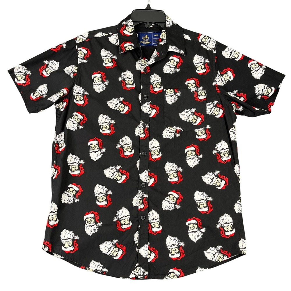 Rugby University Men's M Button Front Shirt Santa Claus Christmas Cotton Black‎